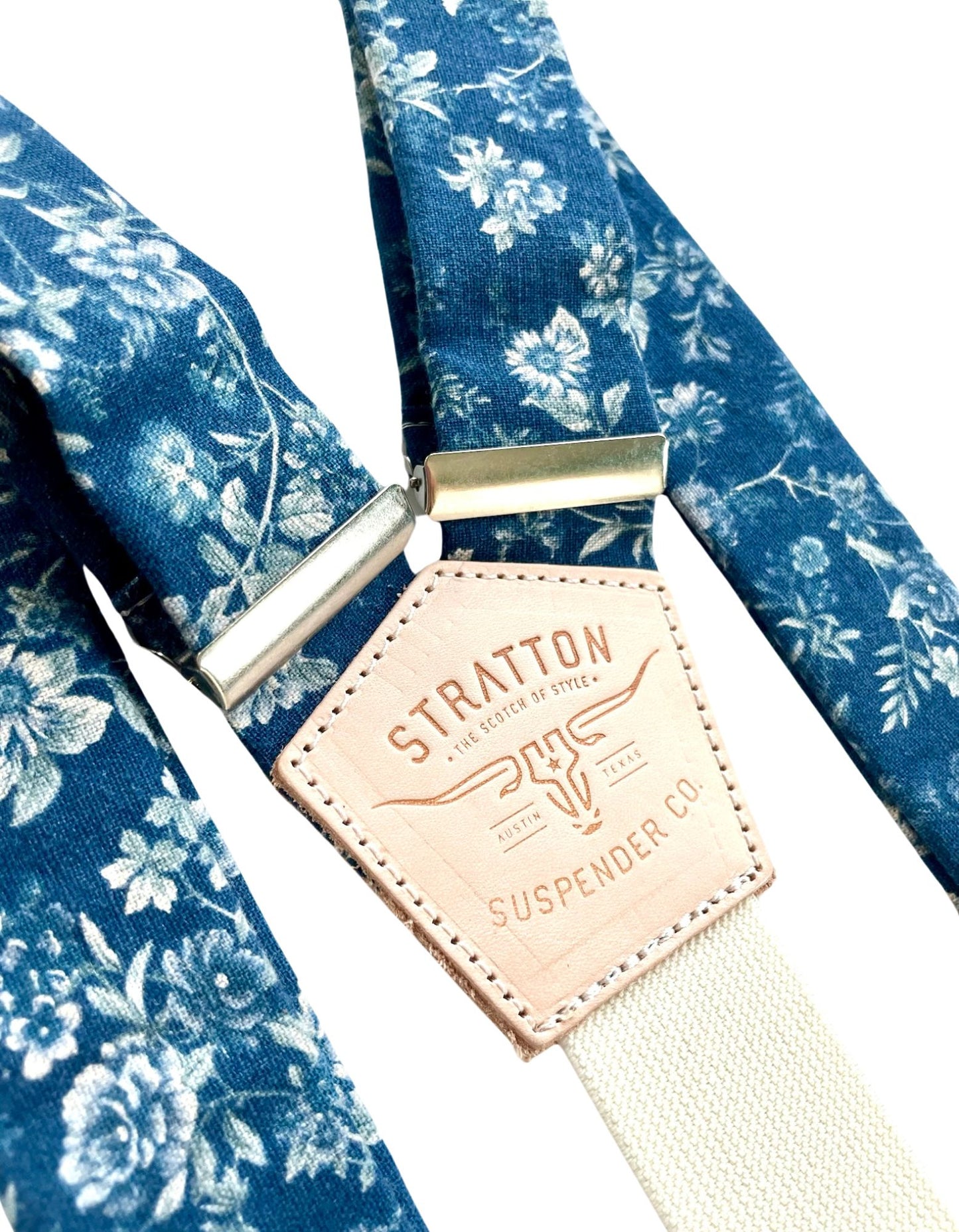 Prussian Blue Floral Linen Wedding Suspenders – Handcrafted Elegance with Italian Leather