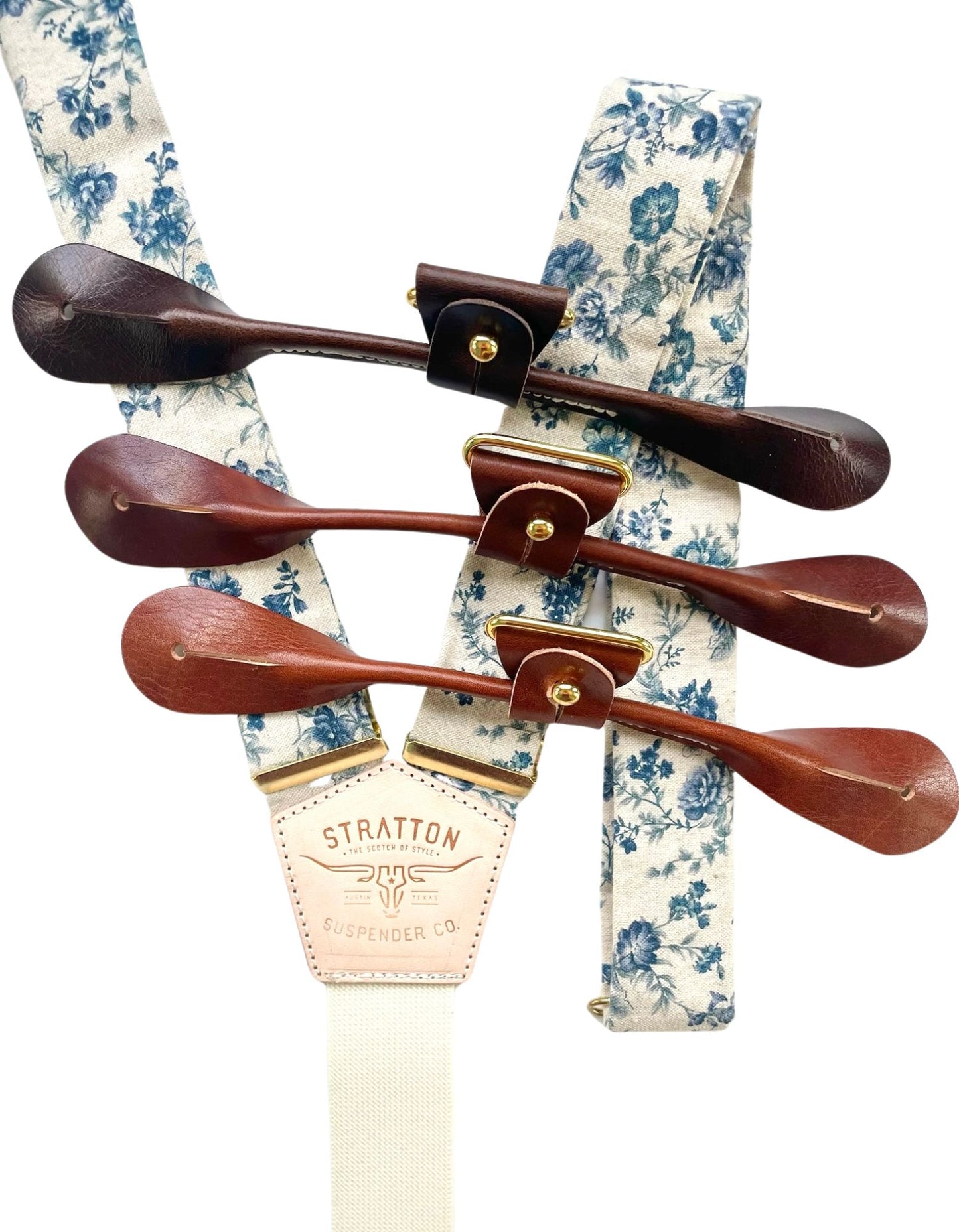 Vintage Almond and Navy Blue Floral Linen BUTTON ON Suspenders with Gold Hardware