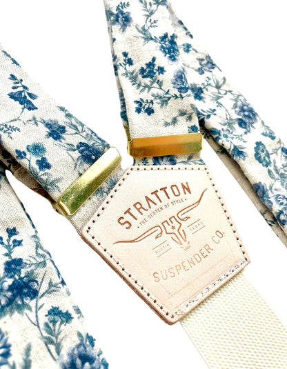 Vintage Almond and Navy Blue Floral Linen BUTTON ON Suspenders with Gold Hardware