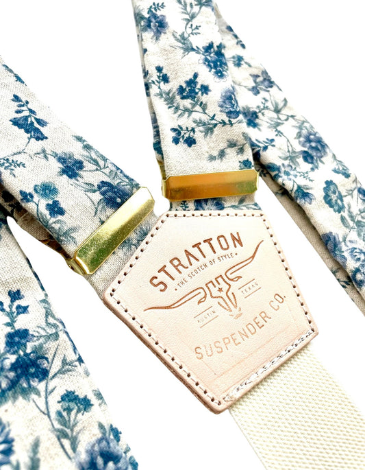 Vintage Almond and Navy Blue Floral Linen BUTTON ON Suspenders with Gold Hardware