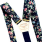 Vintage Black Floral Wedding Suspenders with Gold Hardware and Leather Details – Linen Button-On Braces. Ideal for Rustic, Boho, and Vintage Weddings. Groomsmen Accessories.