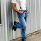Vintage Charcoal Button-On Suspenders with black leather attachments, styled with jeans and a white t-shirt for classic heritage American menswear. Handmade in the USA, these premium suspenders are perfect for rustic weddings, groomsmen gifts, and timeless style.