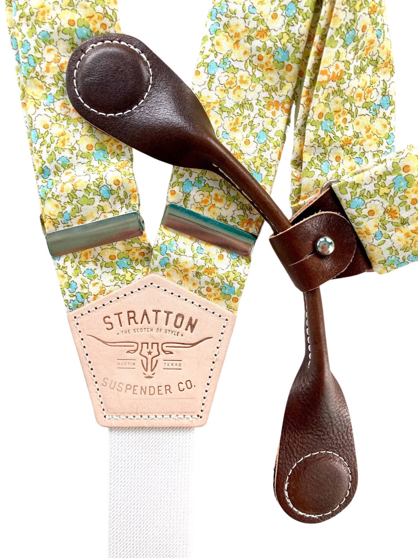 Stratton Suspenders in Summertime Yellow Floral Paired with Chocolate Pontedero Leather Magnetic Clasps