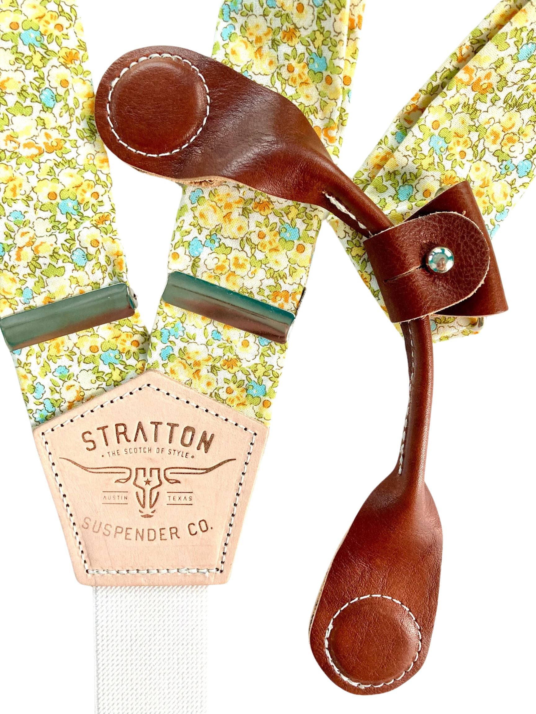 Stratton Suspenders in Summertime Yellow Floral Paired with Cognac Pontedero Leather Magnetic Clasps