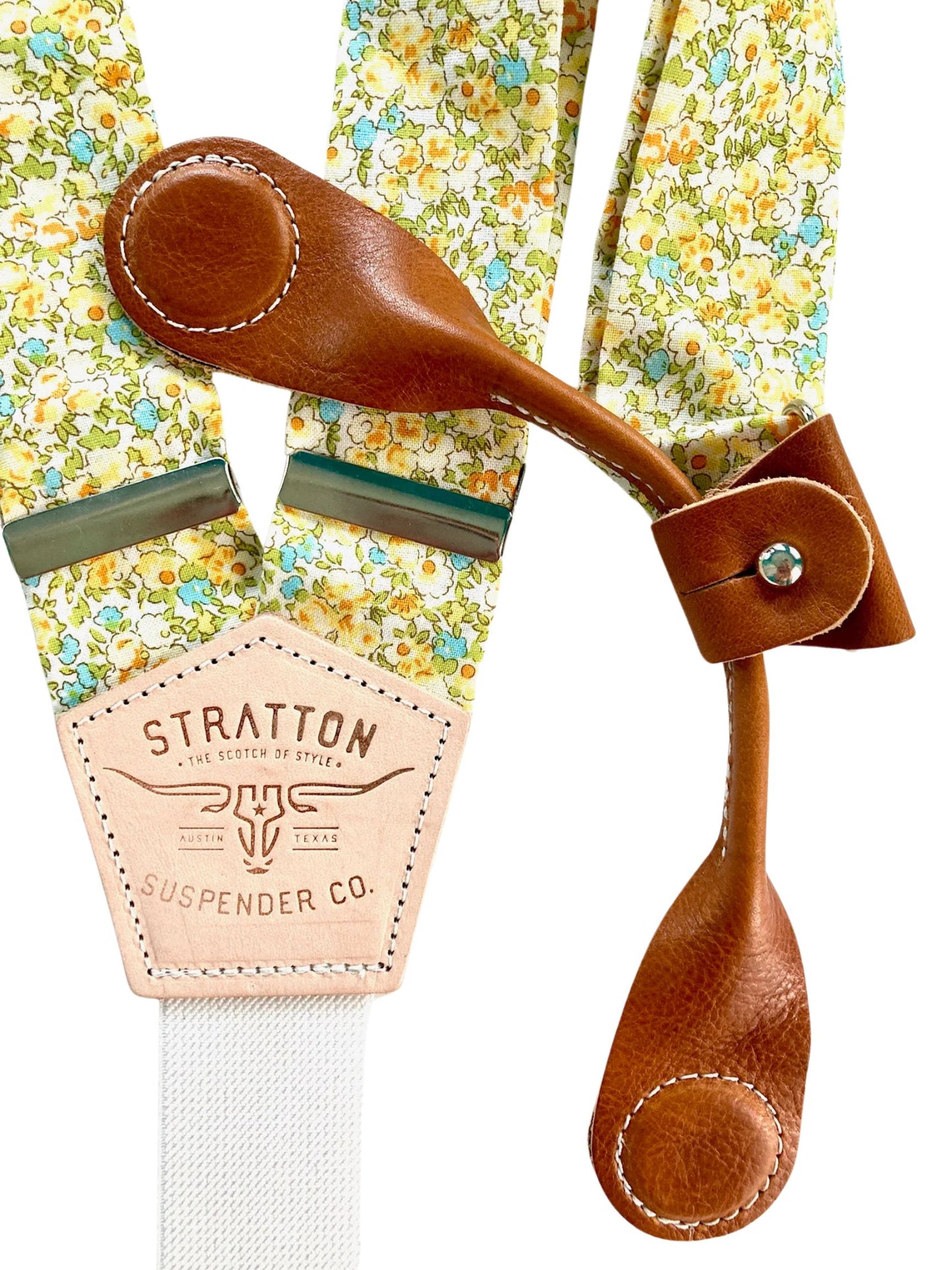 Stratton Suspenders in Summertime Yellow Floral Paired with Tan Pontedero Leather Magnetic Clasps