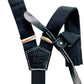 Black linen button-on suspenders with black leather tabs and back patch, handmade in Texas for modern wedding style, formalwear, and classic menswear collections.