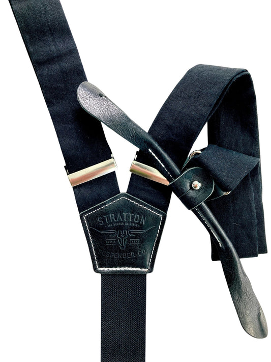Black linen button-on suspenders with black leather tabs and back patch, handmade in Texas for modern wedding style, formalwear, and classic menswear collections.