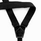 Back view of black linen women’s suspenders with stitched leather patch – handmade in Texas