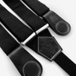 Close-up of black women’s suspenders with full-grain leather magnetic clasps – handmade in Texas