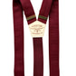 Bordeaux linen button-on suspenders with burgundy back elastic and gold hardware—vintage handmade style for weddings or formals.