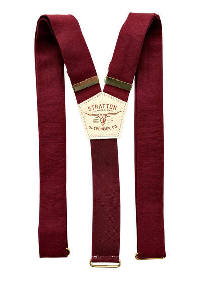 Bordeaux linen button-on suspenders with burgundy back elastic and gold hardware—vintage handmade style for weddings or formals.
