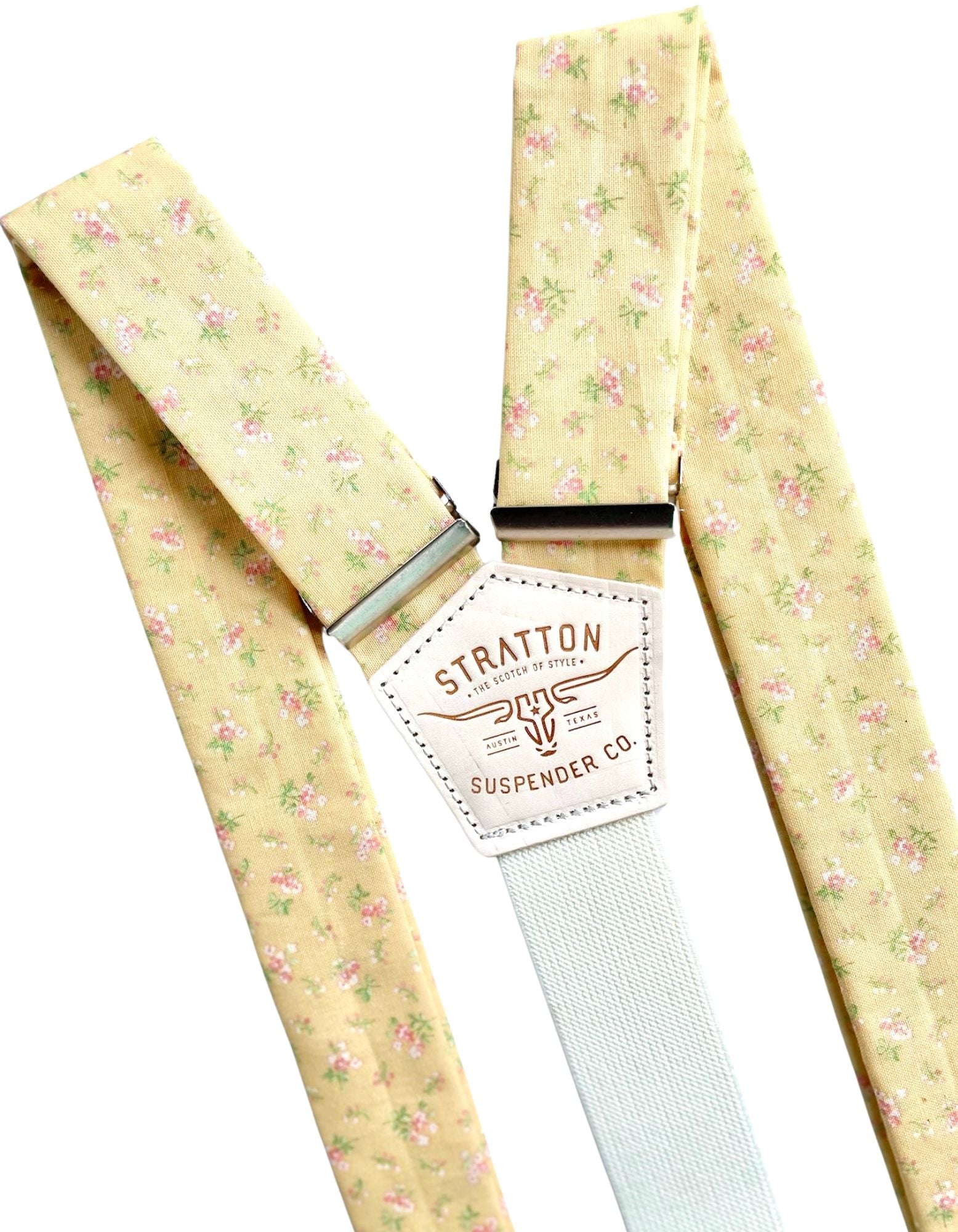 Butter Yellow Antique Floral Wedding Suspenders – Vintage-Inspired Button-On Braces with Italian Leather – Handmade by Stratton Suspender Co. – Perfect for Rustic and Garden Weddings