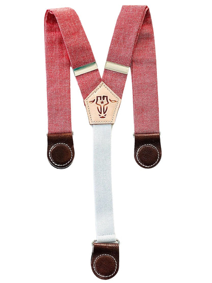 Cherry red linen suspenders for kids with dark brown leather magnetic button-style fasteners and cream elastic back strap, handcrafted by Stratton Suspender Co.
