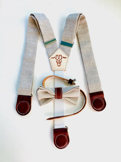 Neutral beige suspenders for children, handmade in linen with leather magnetic clasps and an optional matching bow tie for special occasions.