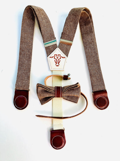 Handmade brown linen suspenders for children, finished with brown leather magnetic clasps and a matching bow tie—perfect for weddings or special occasions.