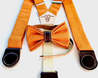 Kids' formal orange linen suspenders with magnetic clasps, brown leather trim, and an optional matching bow tie—ideal for weddings and special occasions.