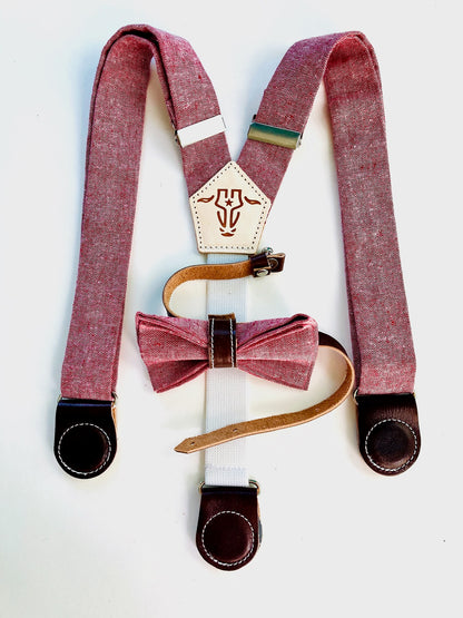 Red linen suspenders for children with magnetic brown leather clasps and a matching bow tie, handmade for weddings and special occasions.
