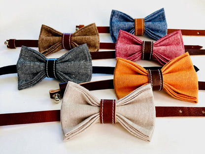 Kids’ bow tie collection featuring linen fabric and leather detailing in a variety of colors, handcrafted for weddings and formal occasions.