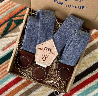 Children’s magnetic clasp suspenders in blue linen and full-grain leather, neatly packaged in a gift box—perfect for weddings, church, or formal kidswear.