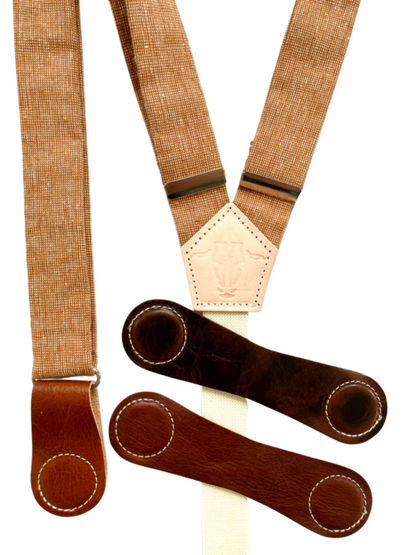 Cinnamon Pecan women’s linen suspenders with Tan, Cognac, and Chocolate leather magnetic clasps, handcrafted in Texas.