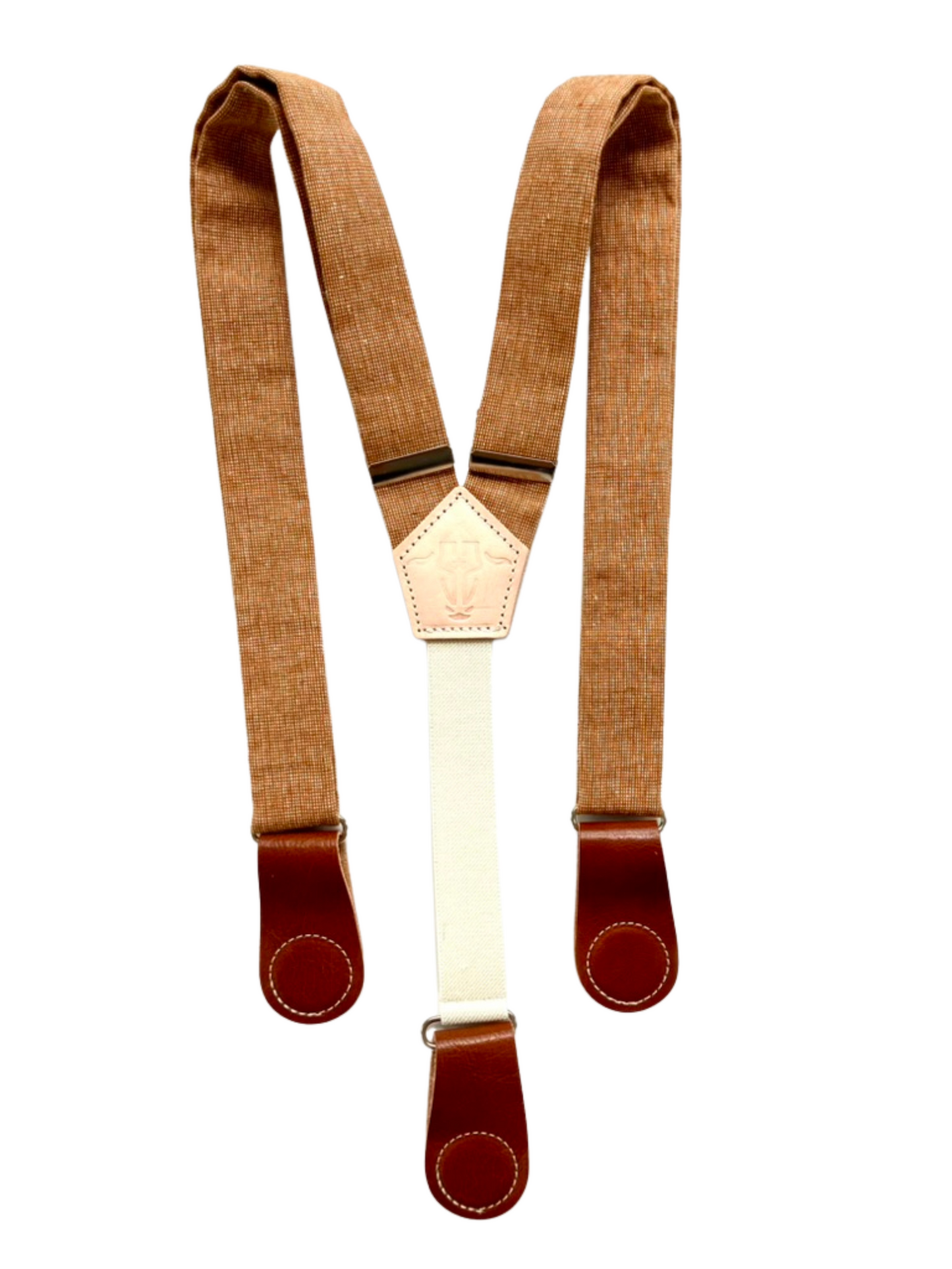 Full-view of Cinnamon Pecan women’s suspenders made from hand-woven linen with premium leather magnetic clasps, handcrafted in Texas.