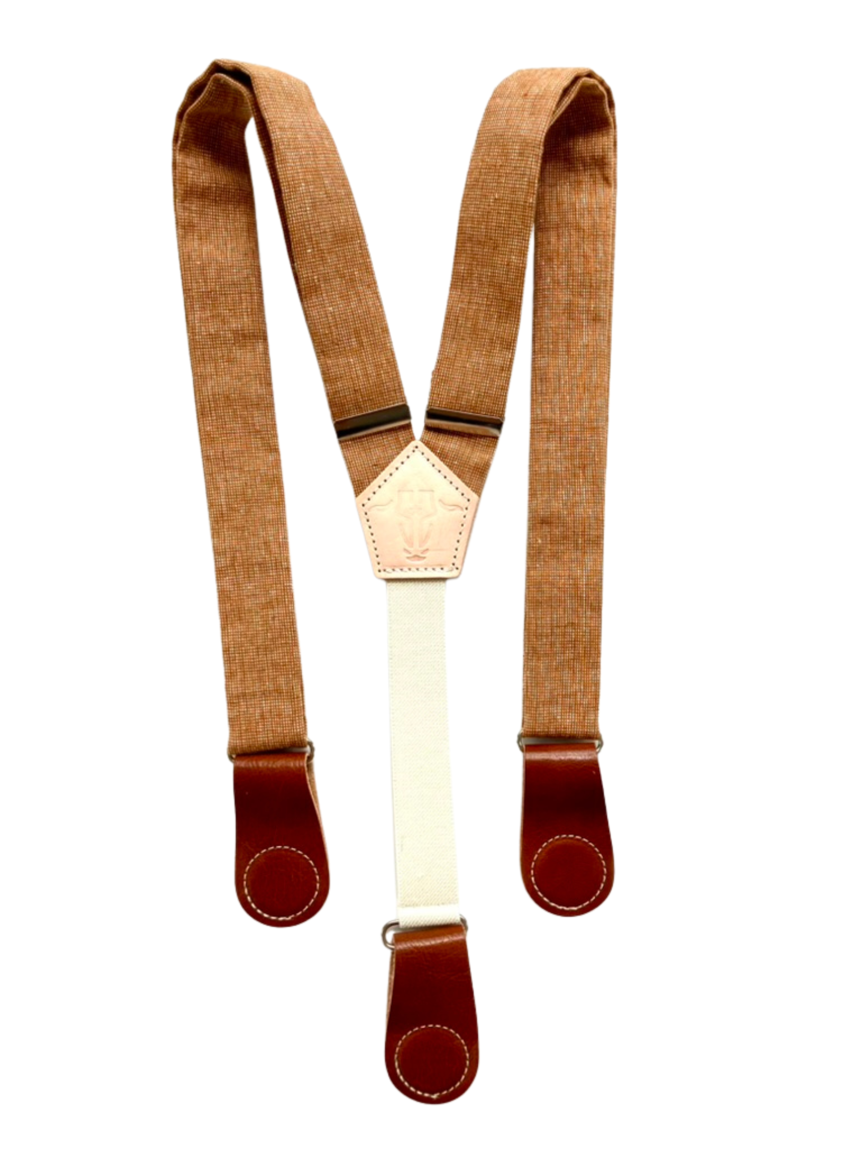 Full-view of Cinnamon Pecan women’s suspenders made from hand-woven linen with premium leather magnetic clasps, handcrafted in Texas.