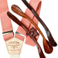 Coral linen suspenders with cream back strap and button-on full-grain leather ends in tan, cognac, and chocolate by Stratton Suspender Co.
