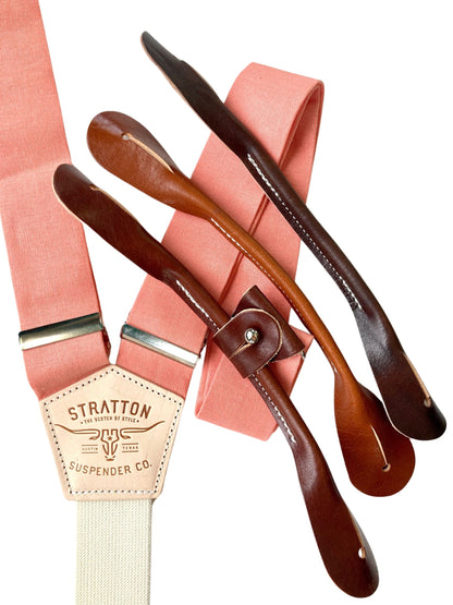 Coral linen suspenders with cream back strap and button-on full-grain leather ends in tan, cognac, and chocolate by Stratton Suspender Co.