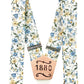 Cornflower blue and marigold floral wedding suspenders with custom '1880' leather patch, handmade by Stratton Suspender Co.