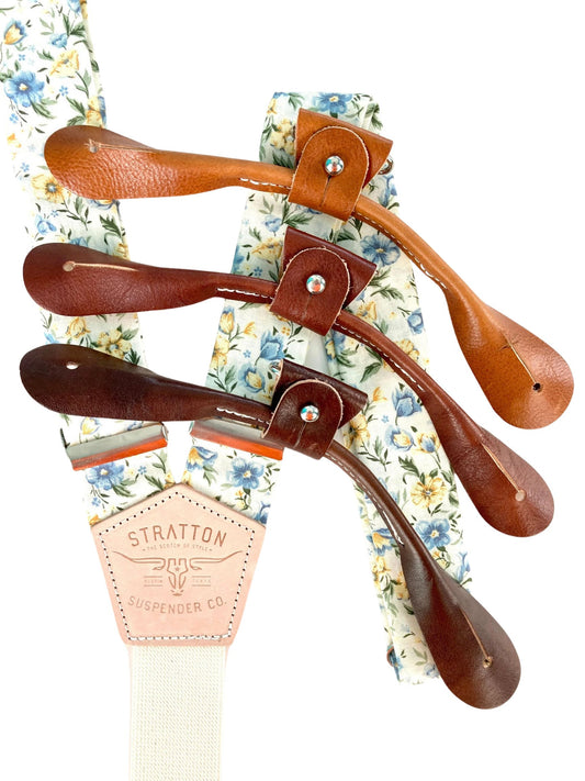 Handmade cornflower blue and marigold floral button-on wedding suspenders with full-grain leather attachments, Stratton Suspender Co.