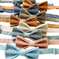 Handmade linen pre-tied wedding bow ties for groomsmen, shown in popular colors like powder blue, dusty rose, beige, roasted pecan, burnt orange, olive, and black—perfect for custom wedding party coordination.