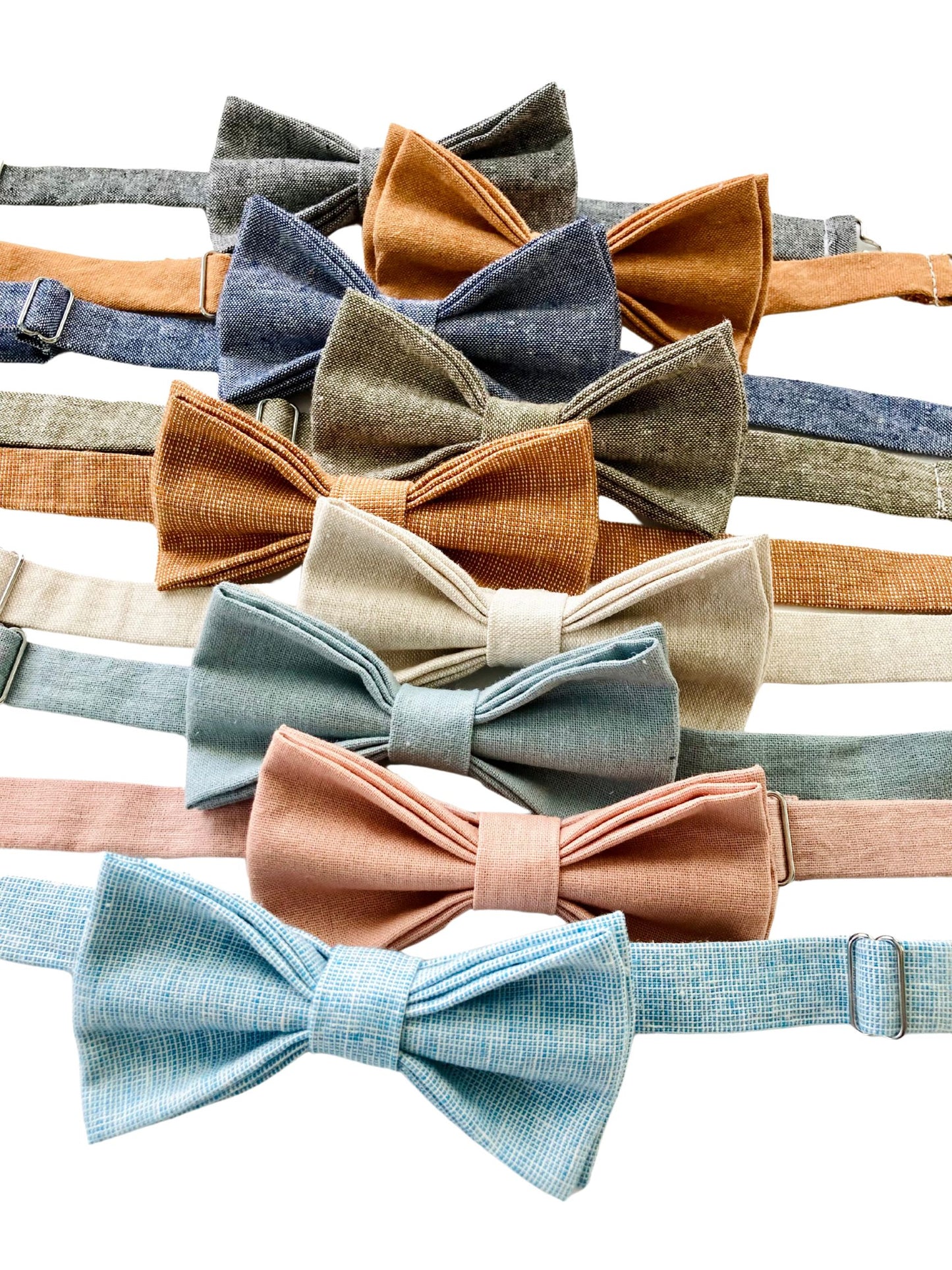 Handmade linen pre-tied wedding bow ties for groomsmen, shown in popular colors like powder blue, dusty rose, beige, roasted pecan, burnt orange, olive, and black—perfect for custom wedding party coordination.