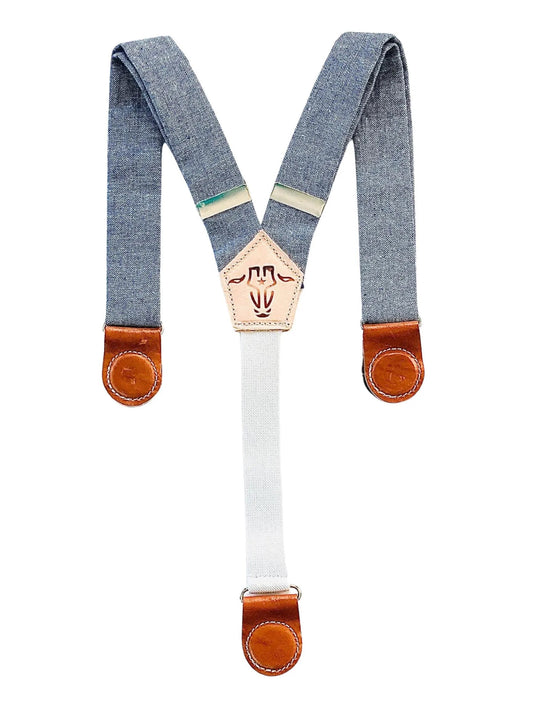 Denim blue linen kids suspenders with brown leather magnetic button-style attachments and cream elastic back strap, handmade by Stratton Suspender Co.