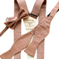 Dusty rose self-tie linen bow tie with matching suspenders and pre-tied bow tie option, perfect for weddings, groomsmen, rustic formalwear, or romantic bridal party style.