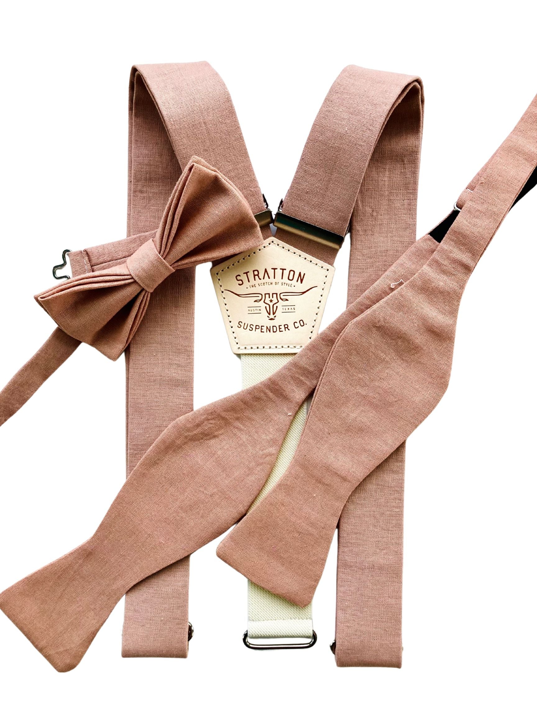 Dusty rose self-tie linen bow tie with matching suspenders and pre-tied bow tie option, perfect for weddings, groomsmen, rustic formalwear, or romantic bridal party style.