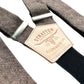 Close-up of Espresso Brown linen suspenders with cream elastic back strap and natural leather patch, handcrafted by Stratton Suspender Co.—ideal for grooms, rustic weddings, and vintage-inspired menswear.