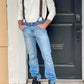 Men’s Espresso brown suspenders with black leather button-ons styled with a Stratton Suspender Co. ivory Henley and black Dr. Martens boots, modern vintage menswear look.