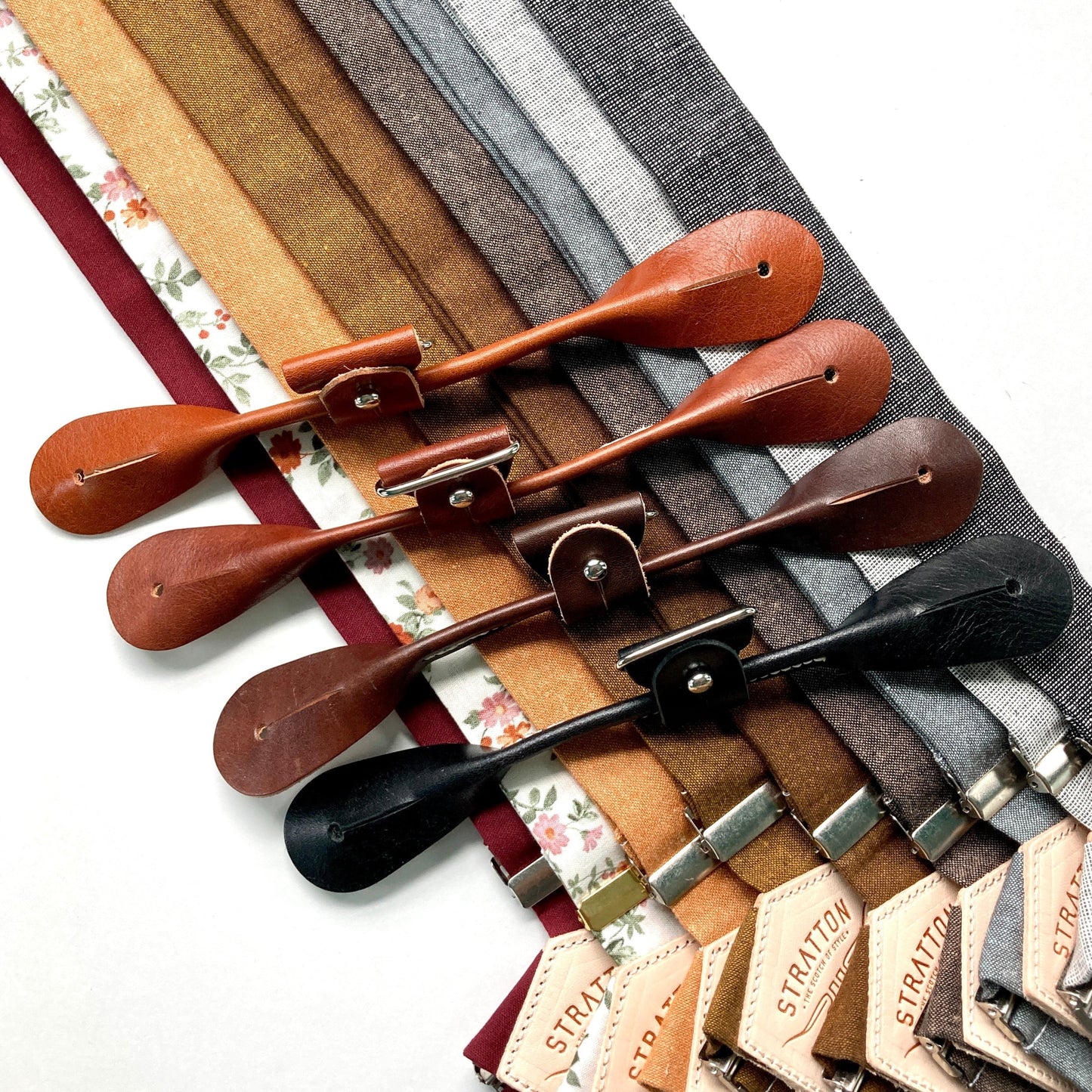 Premium leather button-on suspenders in Tan, Cognac, Chocolate, and Black. Fall wedding suspenders in Burgundy, Terracotta Floral, Burnt Orange, Copper, Cinnamon, Espresso, Shale, Charcoal, and Tuxedo Black—perfect for groomsmen and vintage menswear.