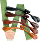 Forest Green Button-On Suspenders by Stratton Suspender Co. Featuring premium linen straps with full-grain leather button-on attachments in black, chocolate brown, dark brown, and tan. Designed for weddings, groomsmen, and vintage menswear styling. Handmade in the USA for exceptional quality and comfort.