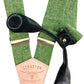 Forest Green Linen Suspenders with Black Leather Magnetic Clasp Attachments. Sleek, full-grain black leather for a polished, modern formalwear and wedding style. Handmade in Texas.
