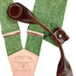 Forest Green Linen Suspenders with Chocolate Leather Magnetic Clasp Attachments. Deep dark brown full-grain leather for a classic, heritage-inspired menswear and wedding aesthetic. Handmade in Texas.