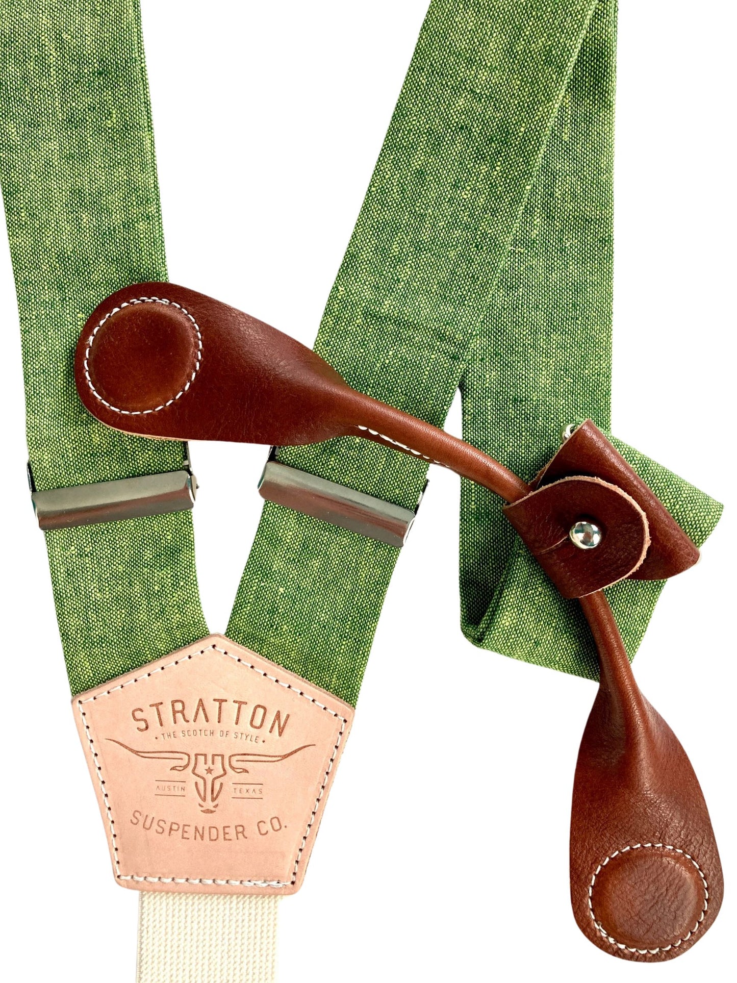 Forest Green Linen Suspenders with Cognac Leather Magnetic Clasp Attachments. Rich reddish-brown full-grain leather for a refined, vintage-inspired wedding and formalwear look. Handmade in Texas.