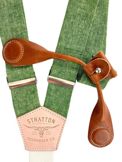 Forest Green Linen Suspenders with Tan Leather Magnetic Clasp Attachments. Featuring a full-grain leather back patch and polished hardware, handcrafted for weddings and formal menswear.