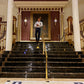 Formal Blue Linen Suspenders with Leather Magnetic Clasps – Heritage American Menswear at The Driskill Hotel in Austin, Texas