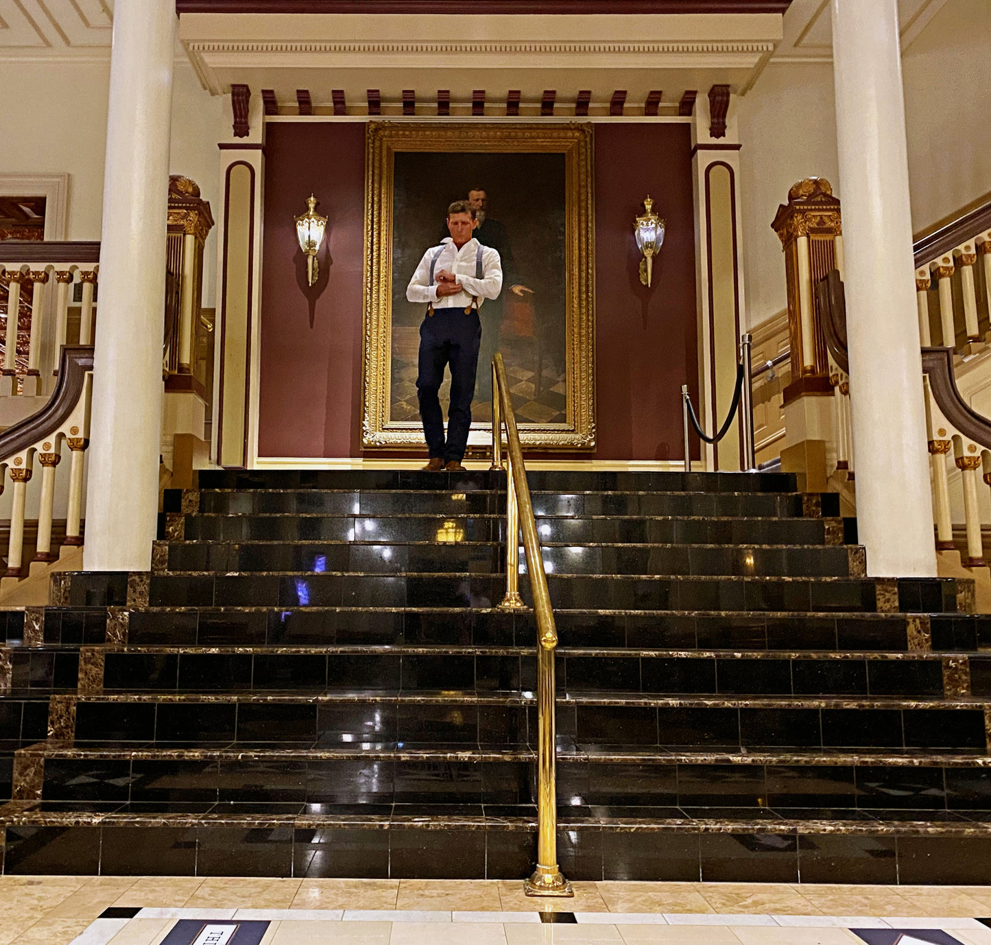 Formal Blue Linen Suspenders with Leather Magnetic Clasps – Heritage American Menswear at The Driskill Hotel in Austin, Texas