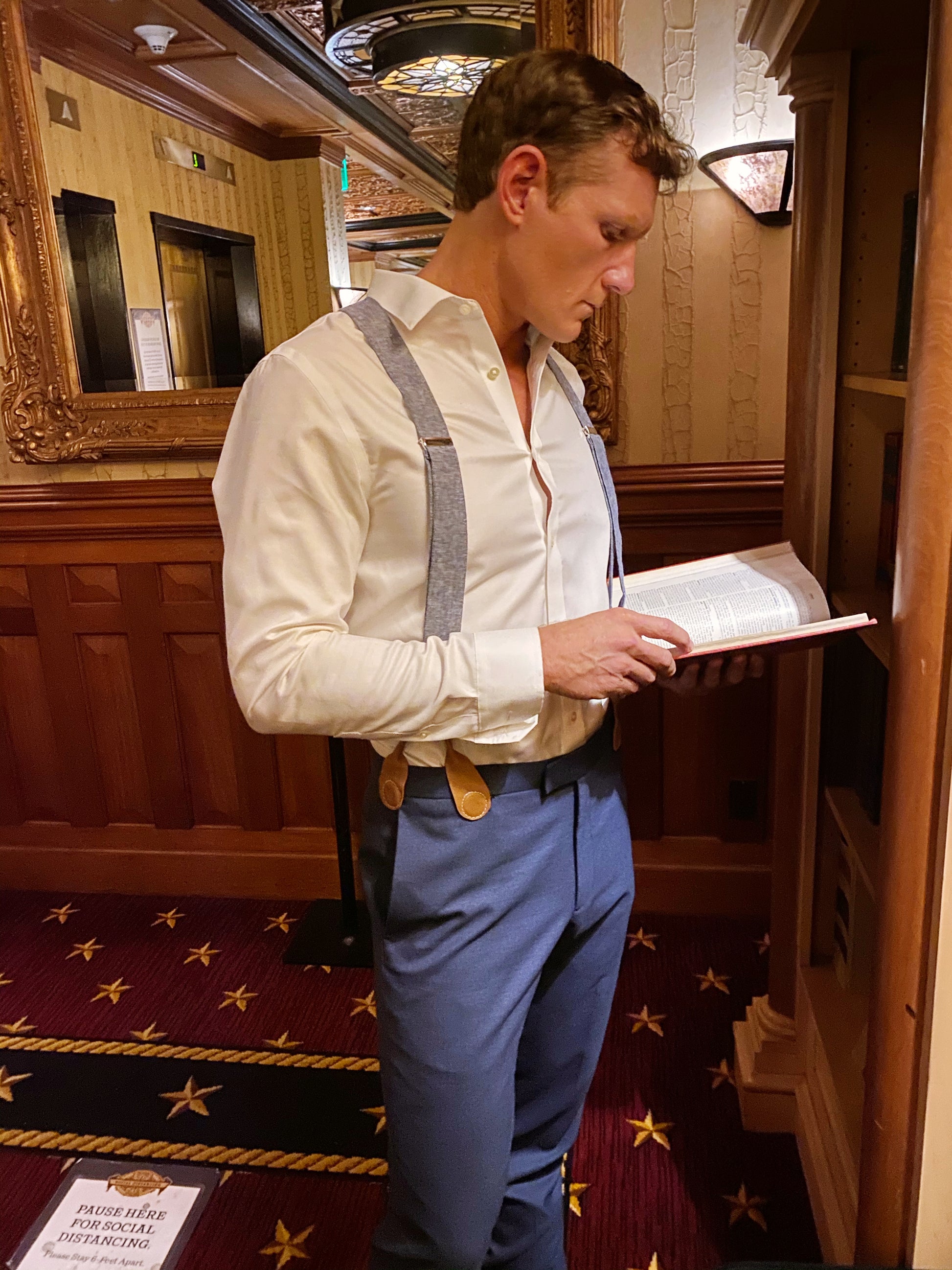 Formal Blue Linen Vintage Suspenders with Leather Magnetic Clasps – Wedding and Formal Menswear at The Driskill Hotel in Austin, Texas