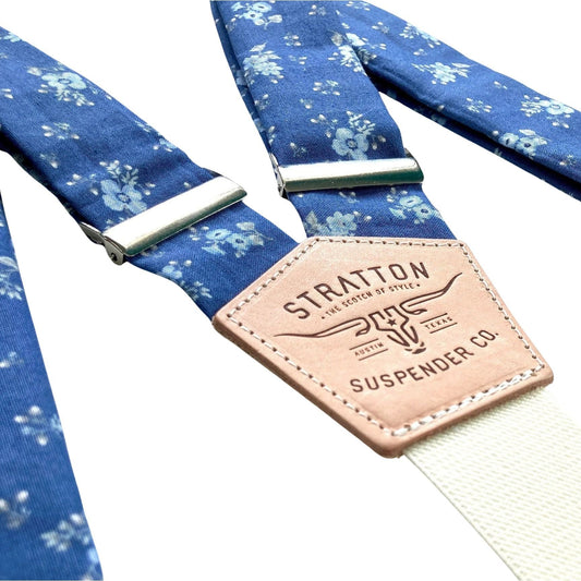 Close-Up of Dusty Blue Floral Linen Suspenders on French Blue with Vintage Cream Back Patch | Heritage American Wedding Menswear