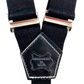Close-up of Handmade in USA leather stamp on black women’s suspenders – full-grain leather detail