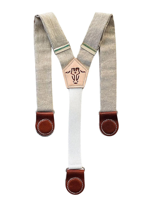 Heirloom ivory beige linen kids suspenders with brown leather magnetic button-style attachments and cream elastic back strap, handcrafted by Stratton Suspender Co.