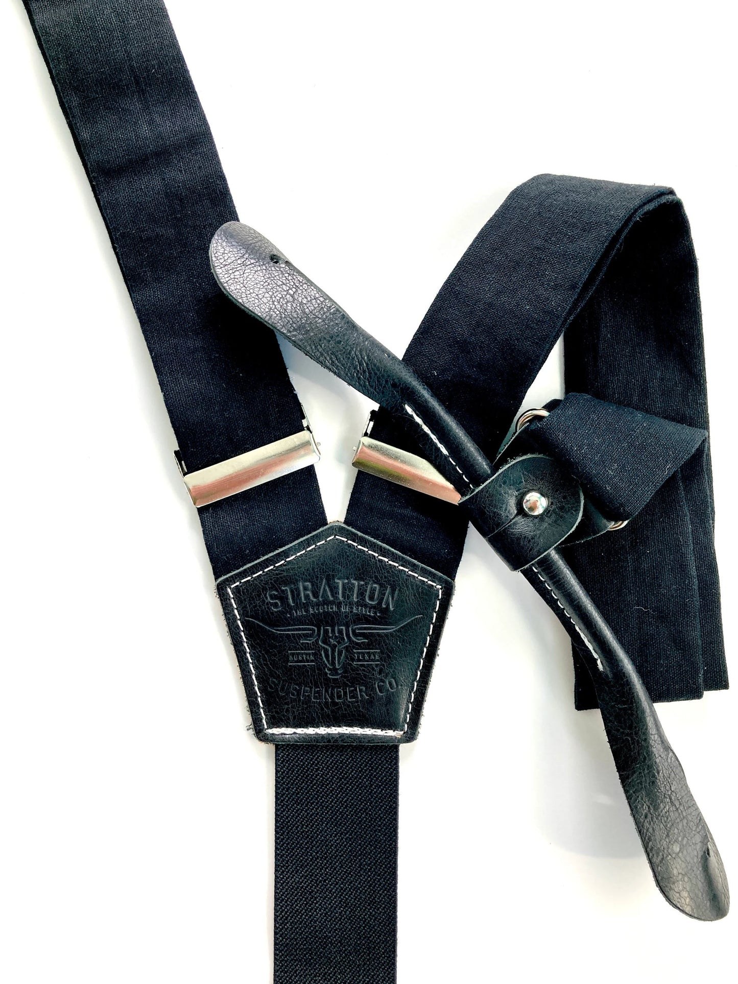 Black and White - Black Tie Suspenders / Braces with Leather Button On Attachment